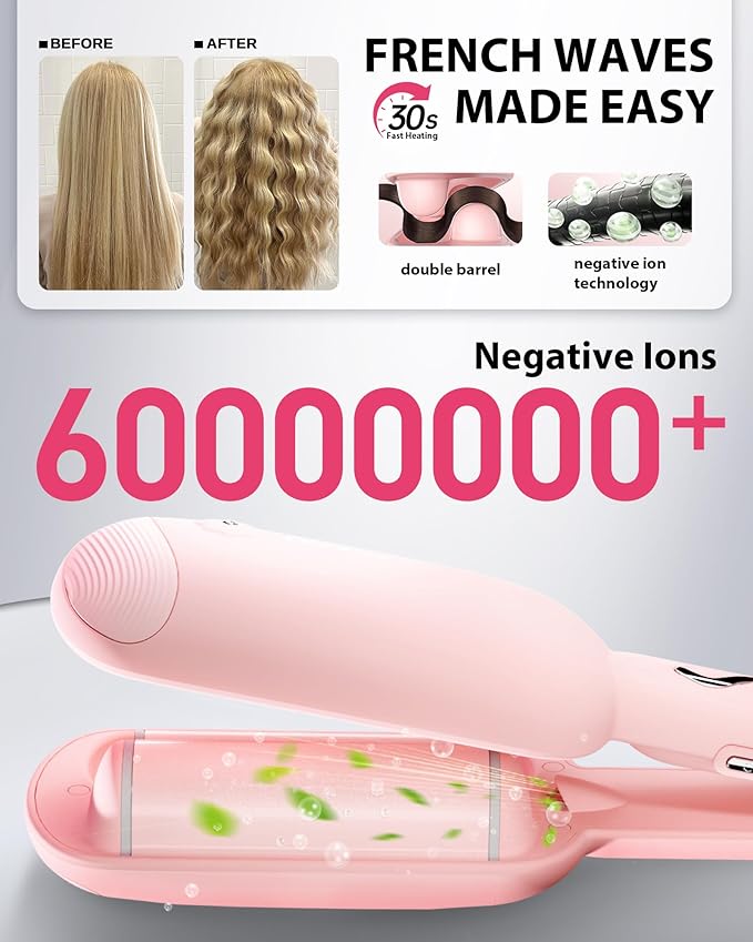 NOVUS 1.25 Inch Curling Iron,Hair Crimper- Beach Wave Hair Waver with Anti-Scald & Negative Ion Technology, Hair Crimper Ceramic Barrel for Tangle-Free Waves on All Hair Types, Pink