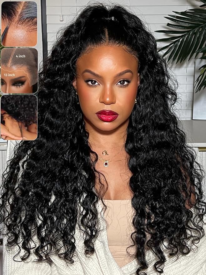 KLAIYI Water Wave HD Real Scalp Glueless Precut 13x4 Lace Front Human Hair Wig Drawstring Bye Bye Knots Pre Plucked Bleached Pre Everything 30S Ready to Wear and Go Deep Curly Wave Beginner Wig 18Inch