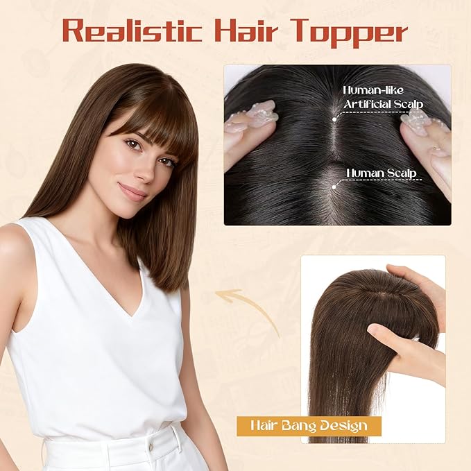 Rich Choices Human Hair Toppers for Women-100% Real Remy Hair Topper with 3D 360°Bang-Upgraded 150% Density 9 * 12CM Lace Base-Clip in Hairs topper for Thinning Hairs-14Inch #2R Chocolate Brown