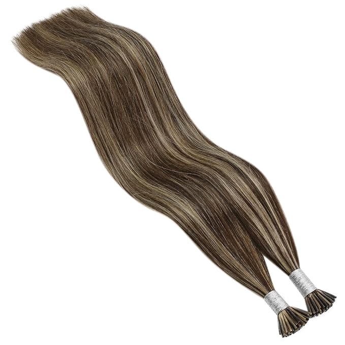 YoungSee I Tip Hair Extensions Highlight I Tips Hair Extensions Real Human Hair Dark Brown Highlights Blonde Tip Hair Extension for Women 16 Inch 50g 80s