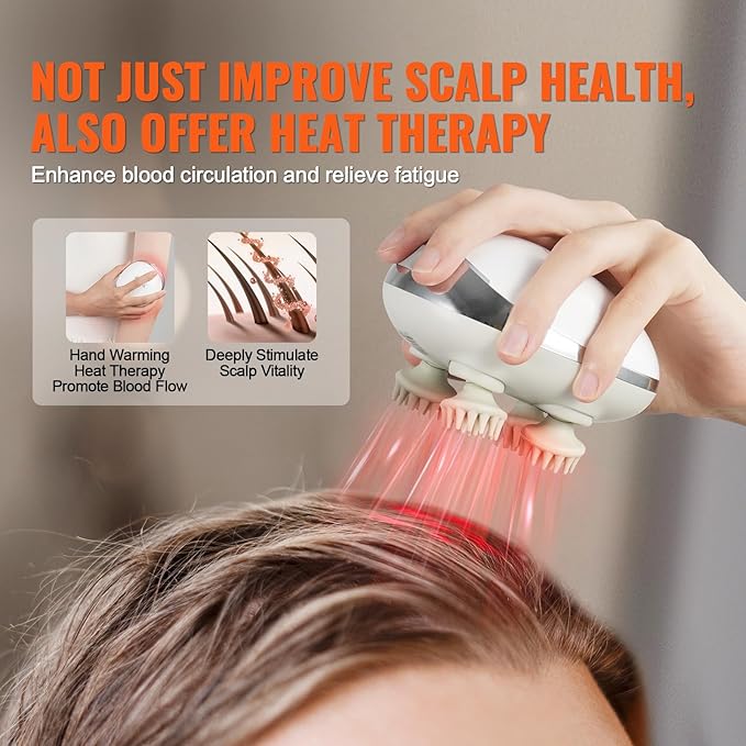 VEVOR Electric Scalp Massager with Heat, Rechargeable Heated Head Massager, IPX7 Waterproof | Portable Kneading Scalp Scratcher with 8 Removable Massage Head for Hair Growth, Deep Clean, Stress Relax