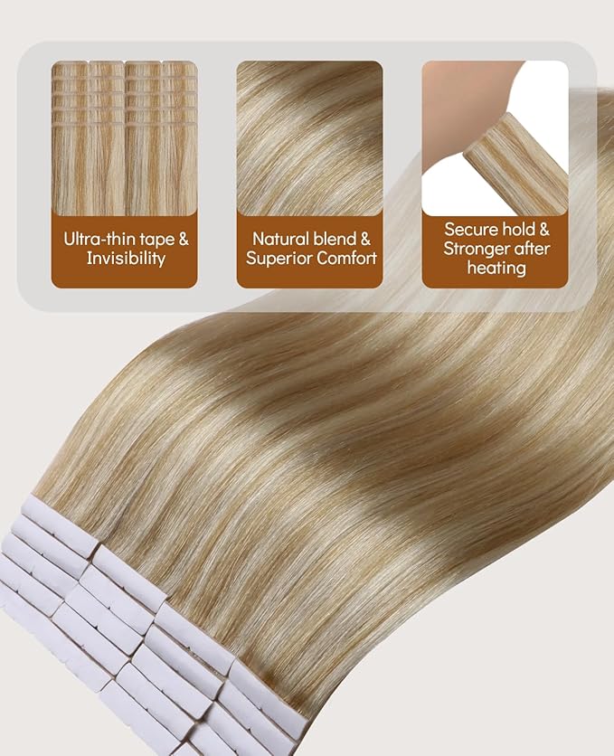VINBAO Invisi Edge Tape in Extensions Human Hair Invisible 14in 20pcs 40g Highlighted Caramel Blonde and Platinum Blonde Injection Tape in Hair Extensions 14inch #27P60