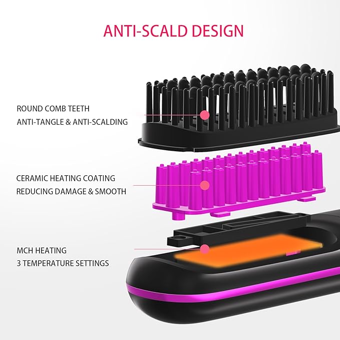 2025 Upgraded Cordless Hair Straightener Brush for Travel, 200 Million Negative Ionic Portable Hair Straightener Comb for Women with LED Display & 3 Temps Fast Heating MCH Ceramic Coating Smooth Frizz