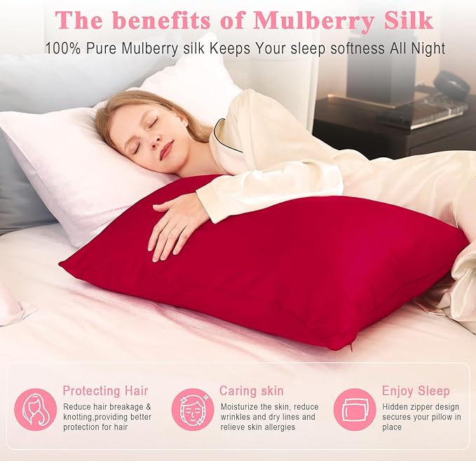 100% Pure Silk Pillowcase 2 Pack for Hair and Skin, Both Sides 23 Momme Grade 6A+ Mulberry Silk Pillowcases with Hidden Zipper, Soft&Smooth Cooling Pillow Cases (Red, King 20x36)