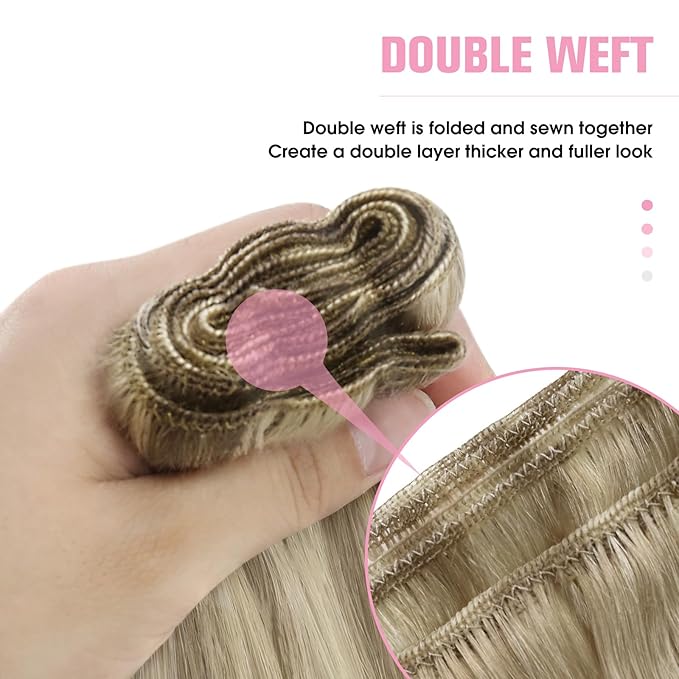 YoungSee Weft Hair Extensions Human Hair Highlight Hair Extensions Sew in Light Brown with Blonde Highlight Weft Extensions Soft Remy Hair 16Inch 100G