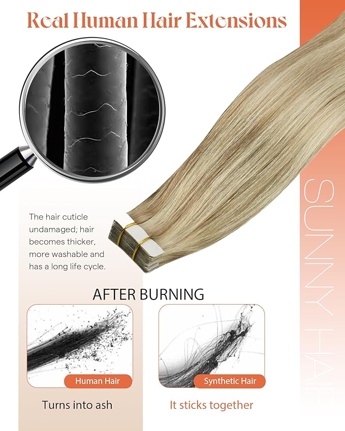 Sunny Hair Tape in Hair Extensions Real Human Hair Invisible Remy Hair Extensions Tape ins for Women Dark Blonde Highlights Light Blonde 14 inch 20Pcs 50G