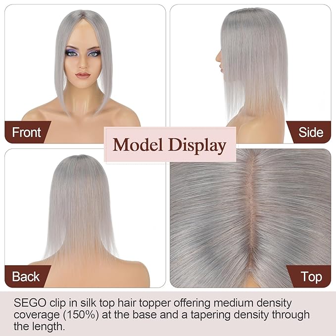 SEGO Hair Topper for Women, No Bangs Real Human Hair Topper with Anti-Slip Clips (12 Inches #Grey)