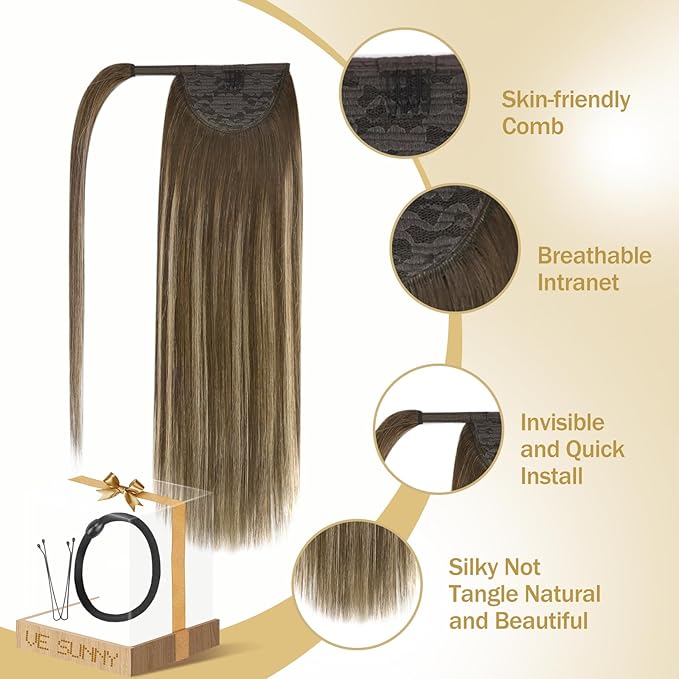 Ve Sunny Hair Extensions Ponytail Real Human Hair Wrap Around Clip in Ponytail Hair Extensions Straight Extensions Human Hair for Women Medium Brown Balayage Ombre Caramel Blonde 22inch 80G