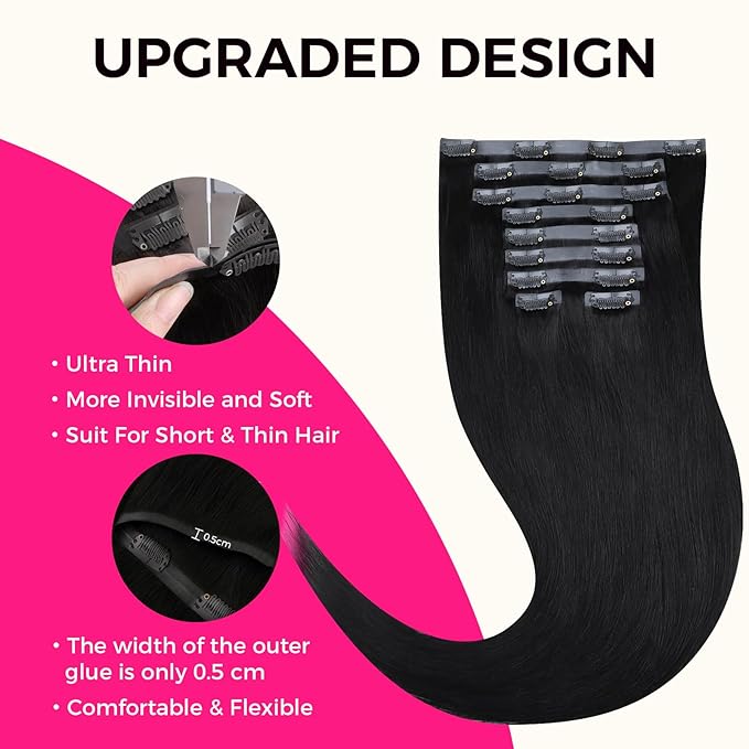 Lashey Seamless Clip in Hair Extensions Human Hair 130g 9pcs #1 Jet Black Straight 14 Inch Human Hair Clip in Extensions for Women
