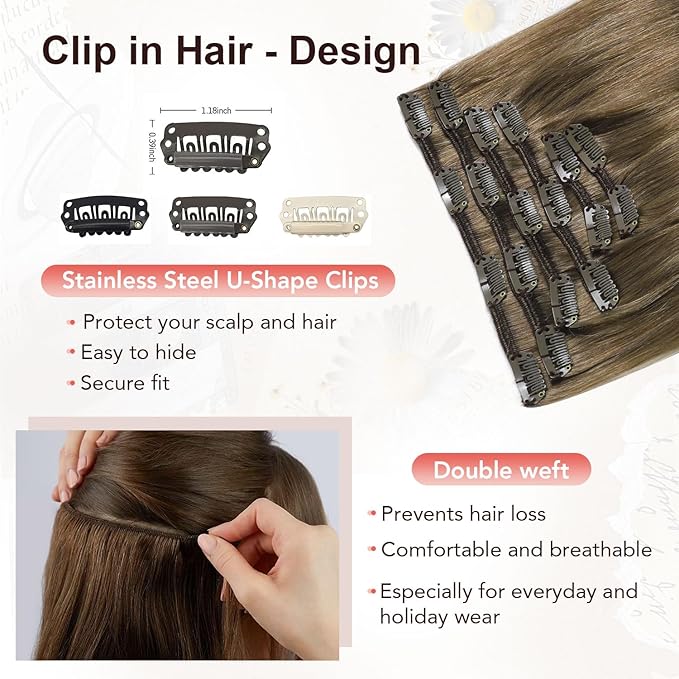 XDhair Clip in Hair Extensions Human Hair,120g 18 Inch Ash Brown Clip in Remy Hair Extensions Straight for Women 6 Pieces (#8,18Inch)