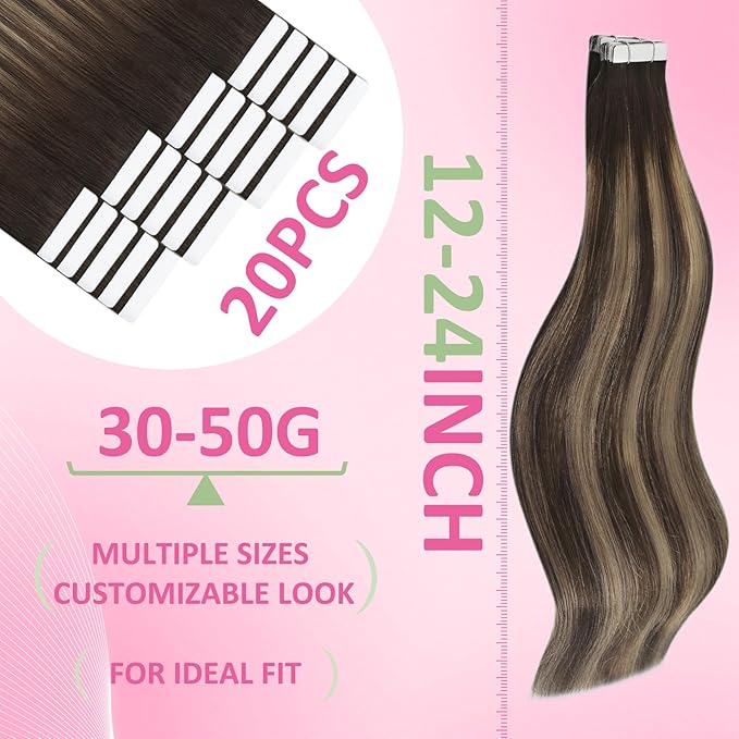 YoungSee Tape in Hair Extensions Human Hair Balayage Tape in Hair Extensions Human Hair Ombre Dark Brown to Blonde Tapes ins Human Hair Extension 12In Tape-on Hair Extension for Short Hair 20pcs 30g