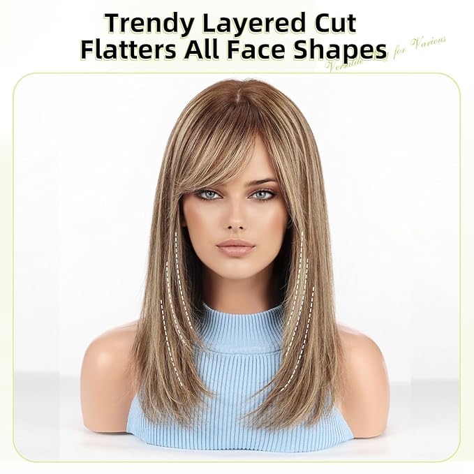 RSY Ombre Brown Mixed Blonde Straight Human Hair Wigs for Women, Shoulder Length and Layered Real Hair Wig with Bangs for Daily Party Use