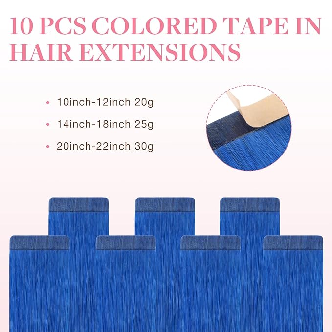 GOO GOO Tape in Hair Extensions Human Hair, Blue, 10inch 20g 10pcs, Colored Tape ins Human Hair Extensions, Silky&Soft Invisible Tape Ins, Hair Highlighted for Party