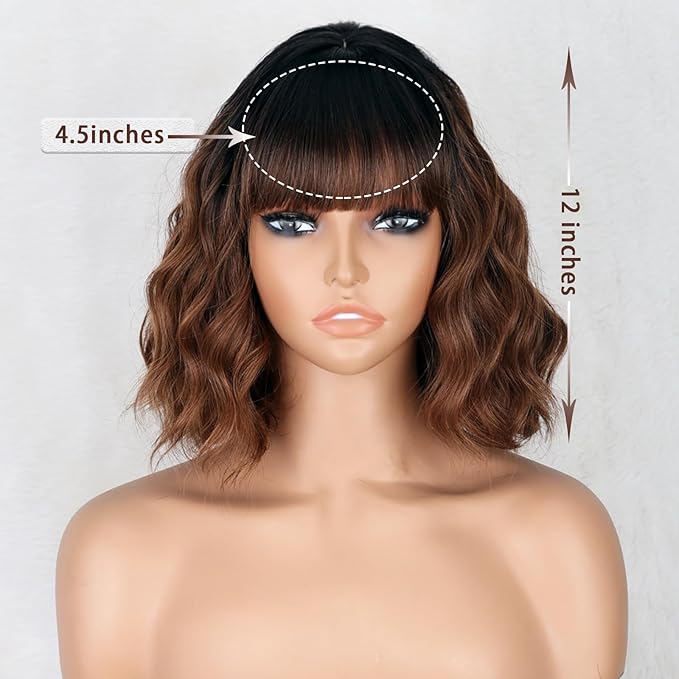 MISSQUEEN Short Brown Wig with Bangs for Women Shoulder Length Bob Curly Women's Charming Synthetic Black to Brown Wigs Natural Wavy Heat Resistant Hair for Daily Party Use