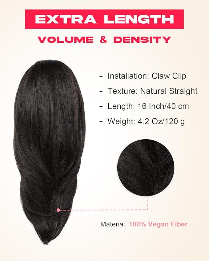 Ponytail Extension – 16” Claw Clip in Ponytail Hair Extensions Natural Soft Synthetic High Pony Tail Hairpieces for Women (Black Brown, 16 inch)