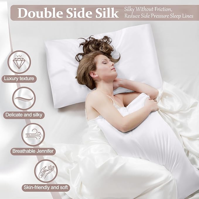 100% Pure Silk Pillowcase for Hair and Skin, Both Sides Mulberry Silk Pillowcases with Hidden Zipper, Cooling Pillowcase 19 Momme, 600 Thread Silk Pillow Cases Standard Size, 2PCS, White