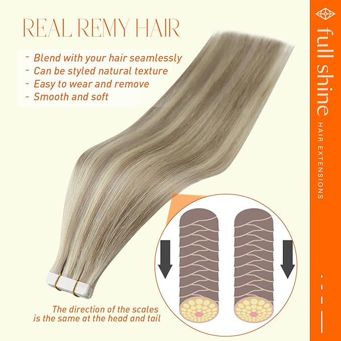 Full Shine Blonde Tape in Hair Extensions Human Hair Color 18 Ash Blonde with 613 Hair Extensions Tape in 22Inch Invisible Skin Weft Tape Extensions 20Pcs 50G for Women Seamless Tape ins Soft Remy