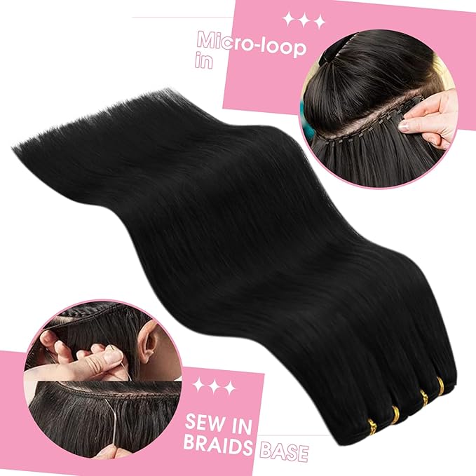 YoungSee Weft Hair Extensions Human Hair Black Sew in Extensions Jet Black Human Hair Extensions Sew in Bundles Soft and Silky Remy Hair 14Inch 100g