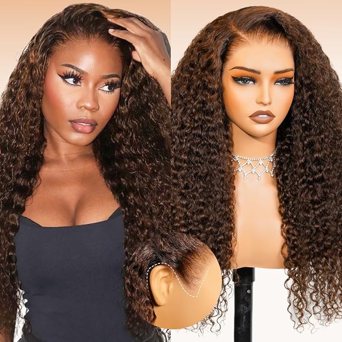 Arabella Chocolate Brown Lace Front Wigs Human Hair 13x6 Deep Wave Lace Front Wigs Human Hair Colored Deep Curly HD Lace Frontal Wigs for Women Pre Plucked with Natural Hairline 24 Inch