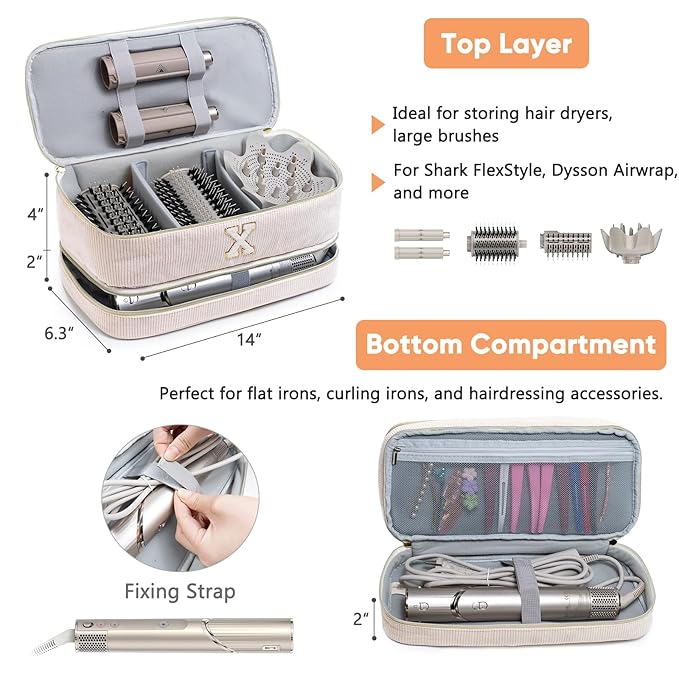 Initial Personalized Hair Tools Travel Bag Double-Layer Hair Dryer Case Compatible with Shark FlexStyle/SmoothStyle, Dysson Airwrap & Supersonic – Hair Tool Organizer for Travel & Home