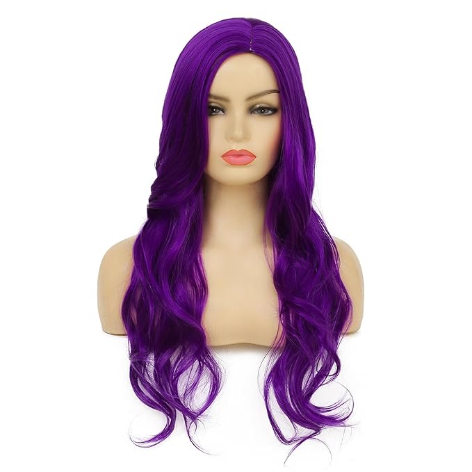 Baruisi Long Curly Wavy Purple Wigs for Women Side Part Natural Looking Cosplay Synthetic Heat Resistant Replacement Wig