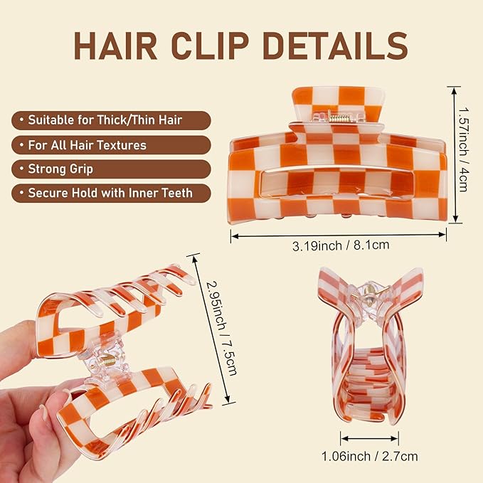 Checkered Claw Clip for Women, 6 Pack Multicolored Rectangle Hair Barrettes, Strong Hold Non-Slip Design Hair Clips Accessories for Thick & Thin Curly Hair, Comfortable All-Day Wear for Girls