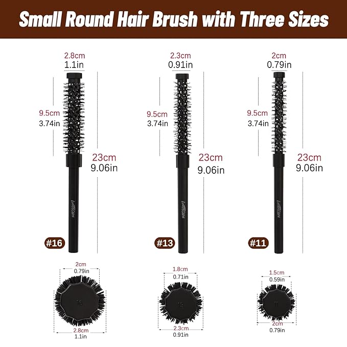 3pcs Small Round Hair Brush for Short Hair - Barrel Hair Brush for Blow Drying, Aluminum Round Brush for Bobs, Bangs, Lobs, Roots, Curling, Pixie Cuts, Straight Hair - Black