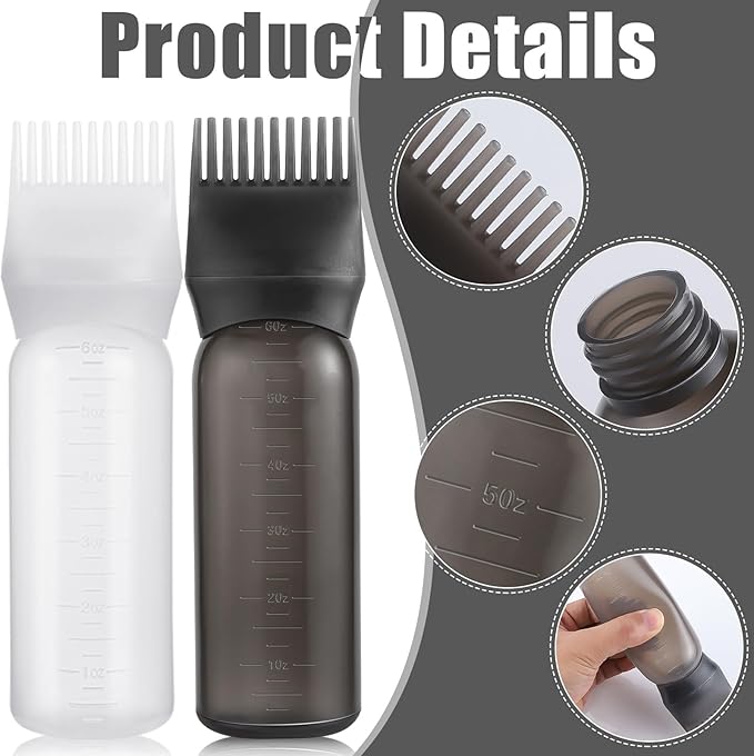 Pimoys 2 Pack Root Comb Applicator Bottle 6 Ounce Oil Applicator for Hair Dye, Hair Oiling Applicator Hair Coloring Bottle with Graduated Scale, Black and White