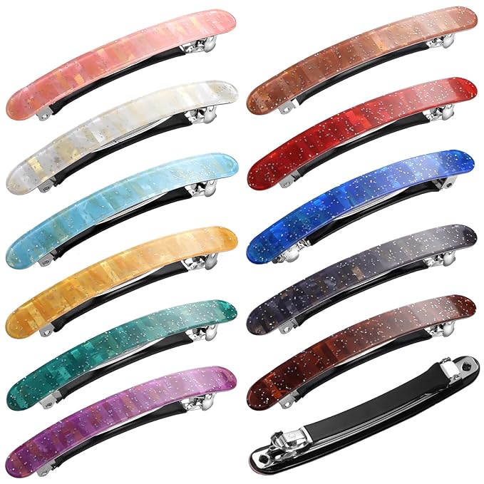 12 Pieces Hair Barrettes for Women Tortoise Shell Acetate French Skinny Clip Automatic Ponytail Barrettes for Women Fine Thin Hair Accessories(Retro Color)