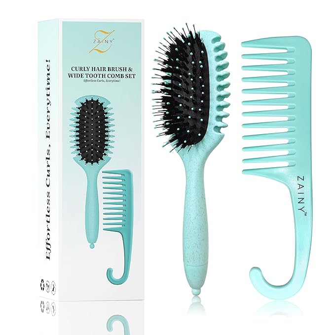 ZAINY Curl Defining Curly Hair Brush 2 PC Set, Wide Tooth Comb for Curls, Detangler Wet Hairbrush & Shower Comb for Wavy Hair Styling, Detangling Gift Sets for Women, Girls, Kids, Toddler, Men - Green