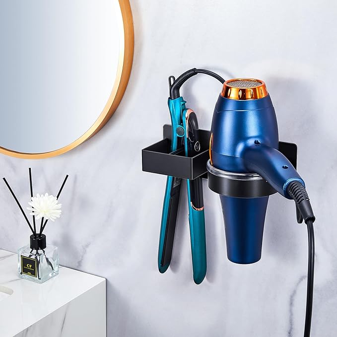 Hair Straightener Holder Wall, Blow Dryer Holder Wall Mounted Hairdryer Holder for Bathroom, Hair Tools Organizer & Storage Curling Iron Holder, Salon Hair Dryer Holder (Black)