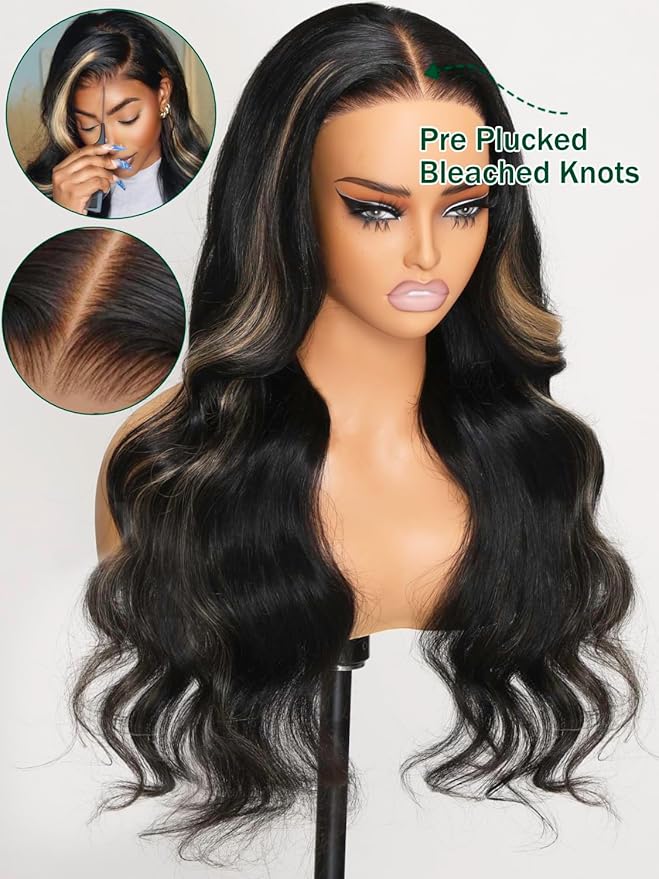 KLAIYI Bye Bye Knots Glueles Highlight Blonde Body Wave Wig Human Hair Precut 7x5 HD Lace Front Wig Pre Plucked Pre Bleached Ombre Wig with Dark Roots Chocolate Brown Wig 16Inch