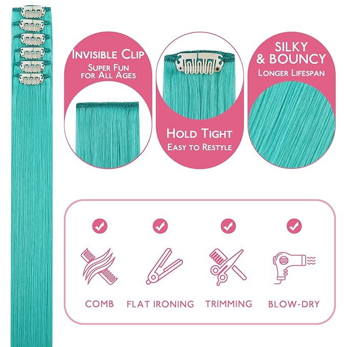 WENNALIFE Teal Green Clip in Hair Extensions Real Human Hair 35g 6pcs 18 Inch Colored Hair Extensions for Kids Women Colorful Hair Pieces Pop-up Style Straight Extensiones De Cabello Humano Con Clip