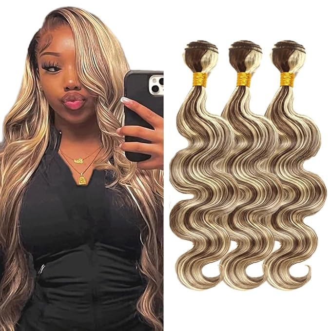 Highlight Bundles Human Hair Blonde Body Wave Bundle Niegmeag Brazilian Virgin Remy Hair 3 Bundles 20 22 24 Inch 2 Tone Blonde and Brown Body Wave Bundle 300g