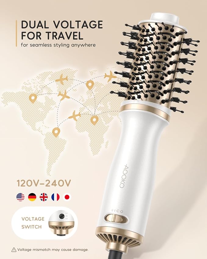 Dual Voltage Mini Hair Dryer Brush, 4 in 1 Blow Dryer Brush for European Travel, 120-240V for International Travel