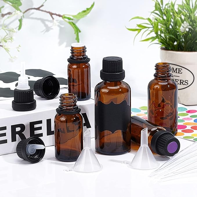 BENECREAT 24 Pack 15ml Brown Glass Essential Oil Bottles Refillable Container Kits with Plastic Droppers, Funnel Hoppers and Sticker for Aromatherapy Fragrance Cosmetic Oil