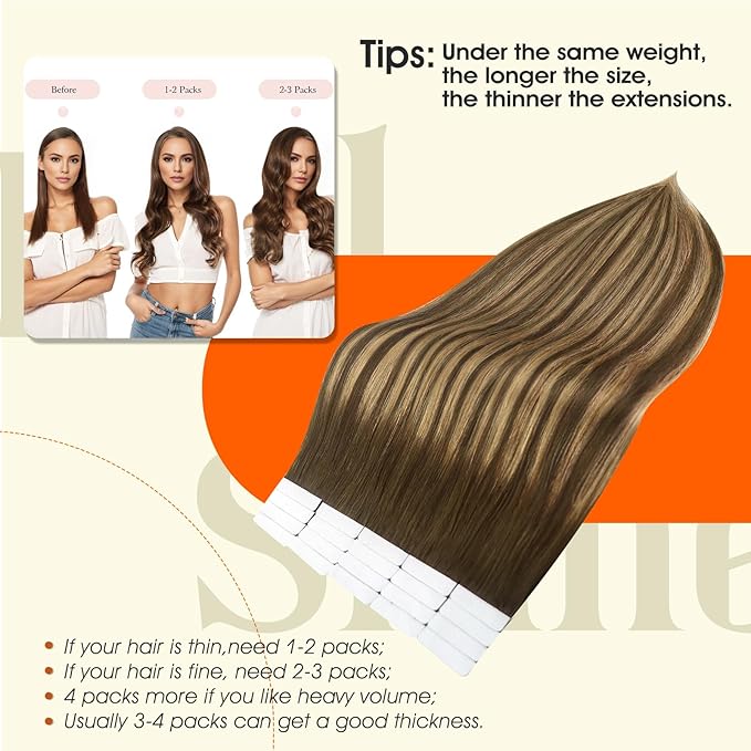 Full Shine Invisible Tape in Extensions Human Hair Color 4/24/4 Medium Brown to Honey Blonde Hair Extensions Tape in 22Inch Remy Hair Extention 20Pcs Seamless Skin Weft 50G Add Length for Party