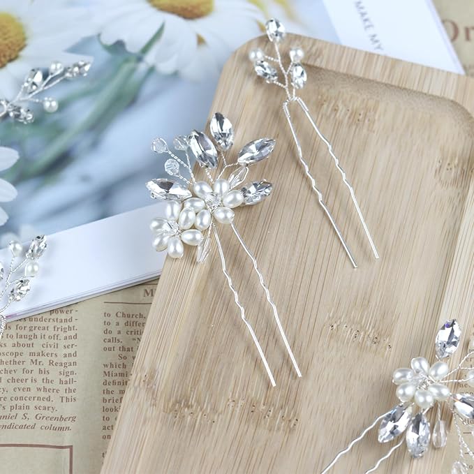 5 Pieces Pearl Bride Hair Pins Rhinestone Bridal Hair Piece for Women Crystal Pearl Hair Accessories for Bride Bridesmaids Flower Girls(Silver)