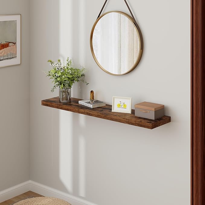 Floating Shelves 48 Inch Long, 48"W x 9"D Wall Shelf Invisible Bracket, 9 Inch Deep Floating Shelf for Wall, Rustic Wooden Shelves for Living Room, Kitchem, Bedroom, Rustic Brown Color, Set of 1