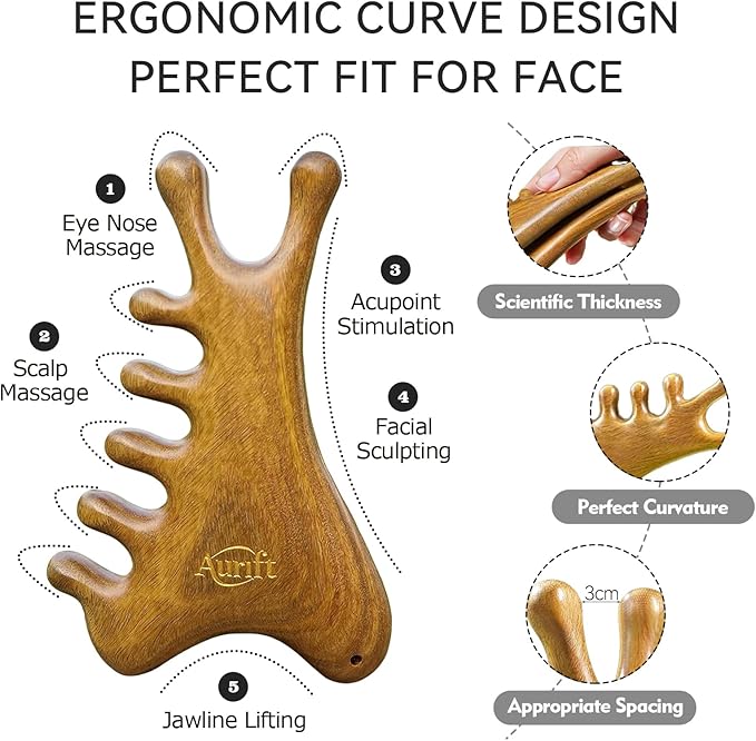 Gua Sha Tool for Face & Body, Christmas Gifts for Women Mon, 4 in 1 Sandalwood Guasha, Lymphatic Drainage,Jaw Lifting & Nose Sculpting, Head Massage Comb for Stress Relief,Home Office Self Care