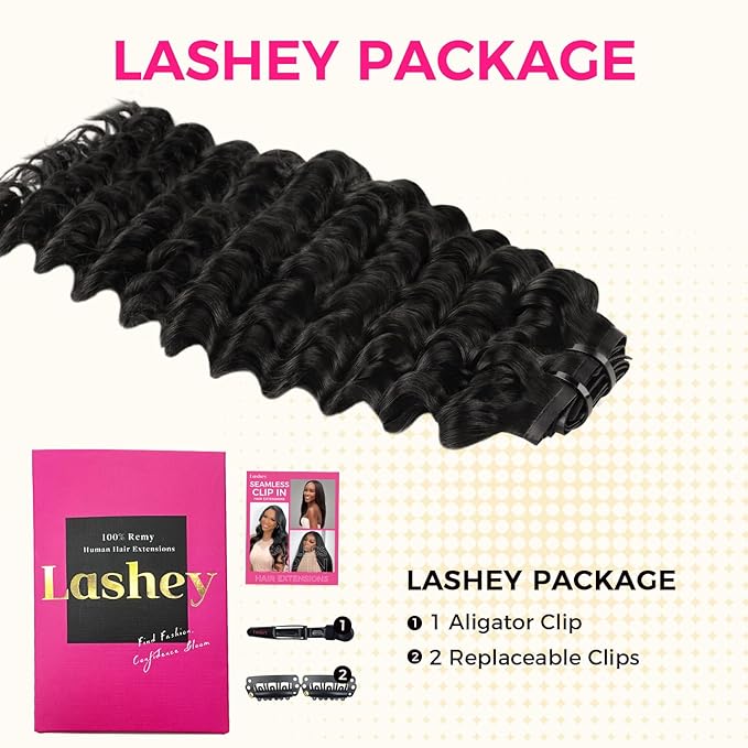 Lashey Clip in Hair Extensions 110g 7pcs Deep Wave Seamless Clip in Hair Extensions Human Hair 14 Inch Natual Black Thick Human Hair Clip ins Extensions for Women