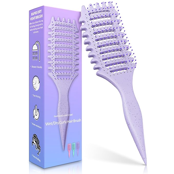 Curl Defining Brush, 4-in-1 Curly Hair Brush – Flexible Styling Brushes for Women and Men, Curls Detangling Hairbrush Featuring a Crescent Shape and Ultra-Smooth Bristles for Wet & Dry Hair - Purple