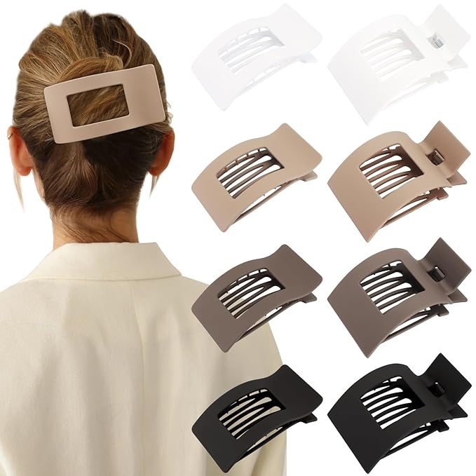 Velscrun Flat Hair Clips for Women Girls, 2 Styles 8 Pcs Lay Flat Claw Clips, Strong Hold French Duck Billed Large Side Hair Jaw Clip for All Hair Types, Non Slip Grip for Daily Styling Brown