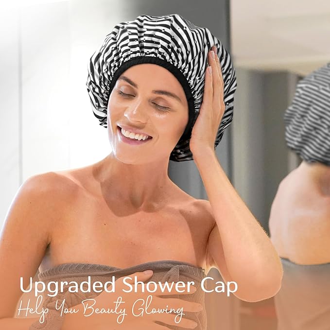 Yanibest Shower Cap Reusable Waterproof - Double Layer Shower Caps for Women, Washable Shower Bonnet with Soft Non-Slip Elastic Band, Bath Hair Hat for Most Hair Types