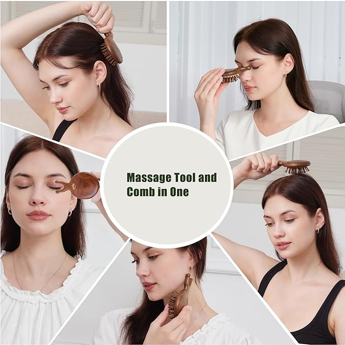 Mini Travel Hair Brush and Comb Set, Christmas Gifts for Mon, Scalp massager Hair Growth, Wooden Detangler Comb, Small Curly Hair Wet Brush for Women Girls Kids, Facial Massage Gua Sha Tool