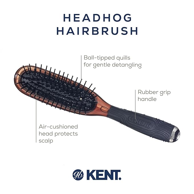 Kent Headhog Detangler Brush, Anti Static HairBrush with Rounded Nylon Bristles for All Hair Types, Travel Brush with Ergonomic Rubber Grip for Easy Styling