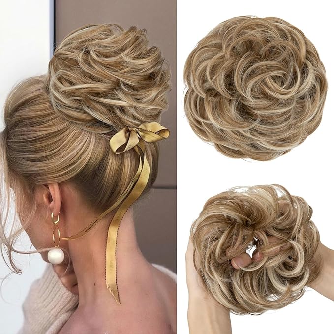 CJL HAIR Large Messy Bun Hair Piece Wavy Curly Scrunchies Synthetic Chignon Ponytail Hair Extensions Thick Updo Hairpieces for Women Sahara Beige