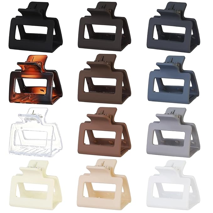 2 Inch Medium Hair Claw Clips 12 Pcs Square Hair Clips for Thin Hair Matte Nonslip Acrylic Banana Jaw Clips Bulk Hair Accessories for women and Girls - Neutral