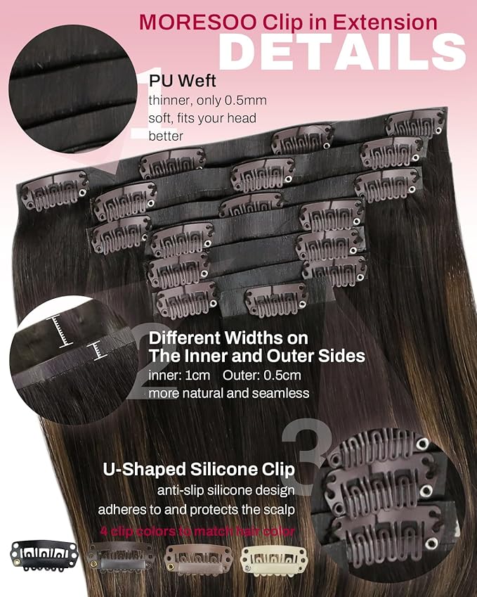 Moresoo Clip in Hair Extensions Real Human Hair Seamless Dark Brown to Chestnut Brown Ombre Seamless Clip ins Human Hair Remy Pu Weft 120g 7pieces Straight 16in