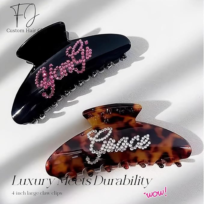 Personalized Colorful Name Hair Claw Clips for Women,Custom Hair Clips with Diamond,Cute Hair Accessories 4",Handmade Rhinestones Hair Clamp Gifts for Mom,Bride,Wife,Bridesmaid,Couples（Black）